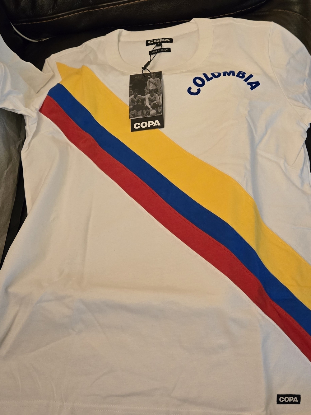 1973 COPA Colombia Stripe Tee - White with Yellow, Blue & Red